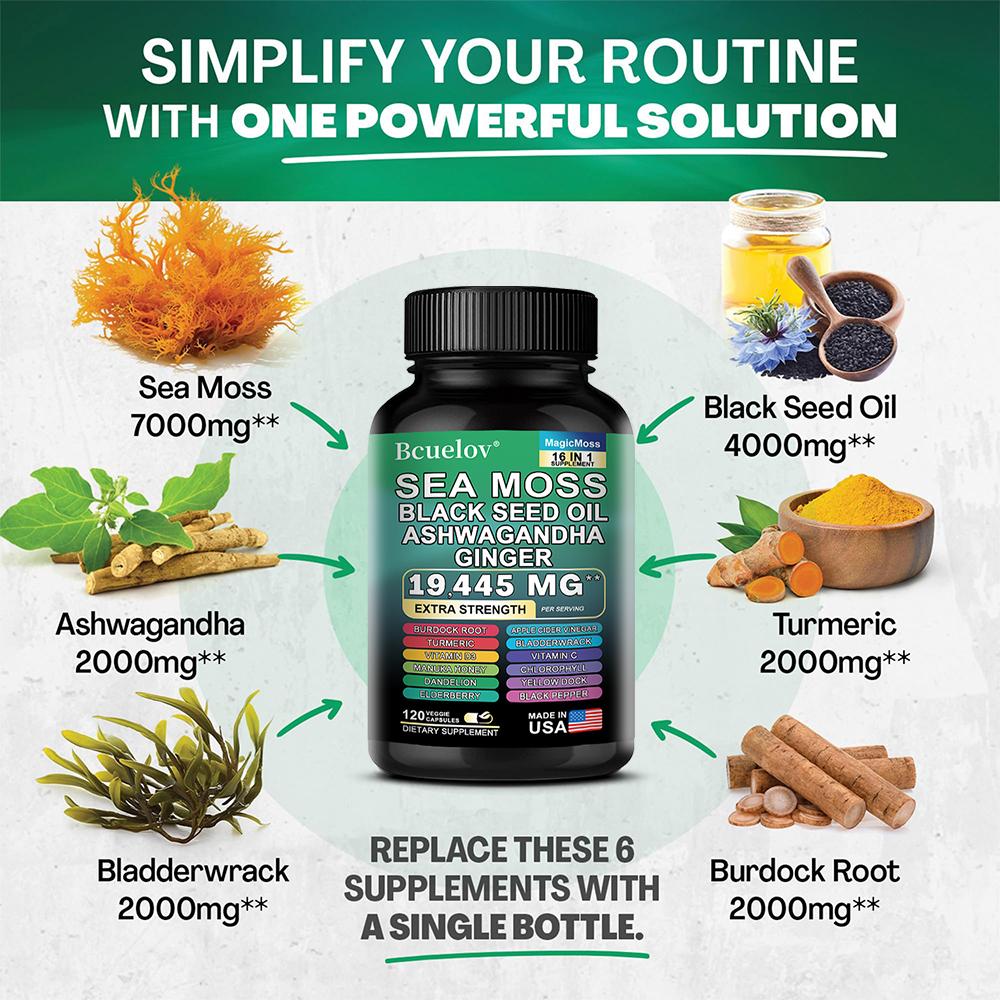 Sea Moss Dietary Supplement, With Vitamin, Turmeric, 120 Capsules Per Bottle