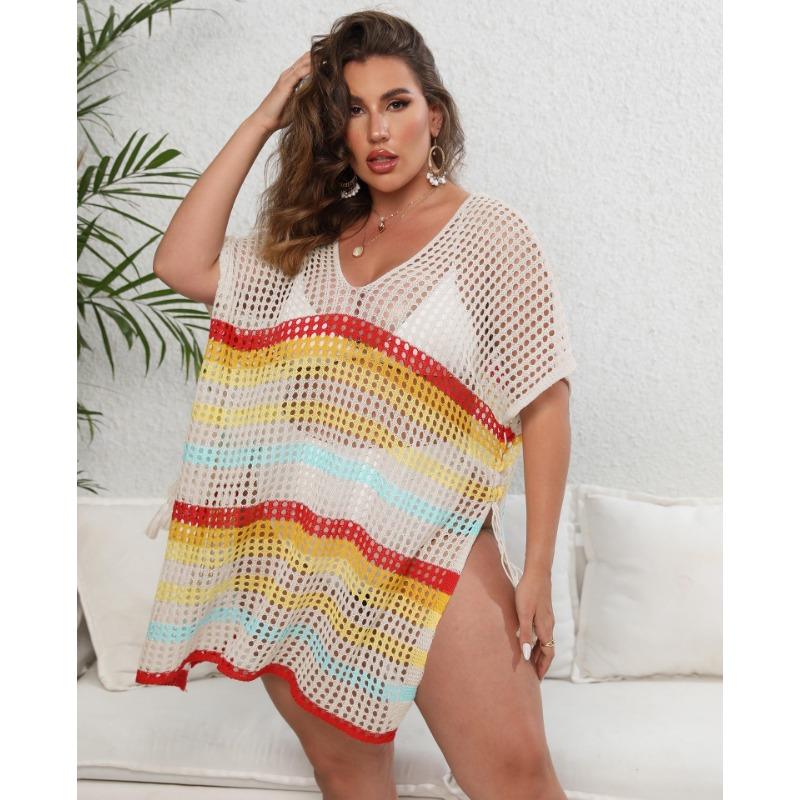 Плюс Размер Женский Пляжный Бикини Блуза Контрастного Цвета Сращивание Ажурное Платье С Разрезом