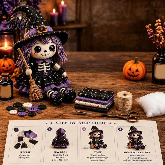 Halloween Sewing Project Skeleton Witch Patchwork Kit Gothic Girl Doll DIY Step-by-step Tutorial Kit for Adults Teens Handmade Gift Beginners
