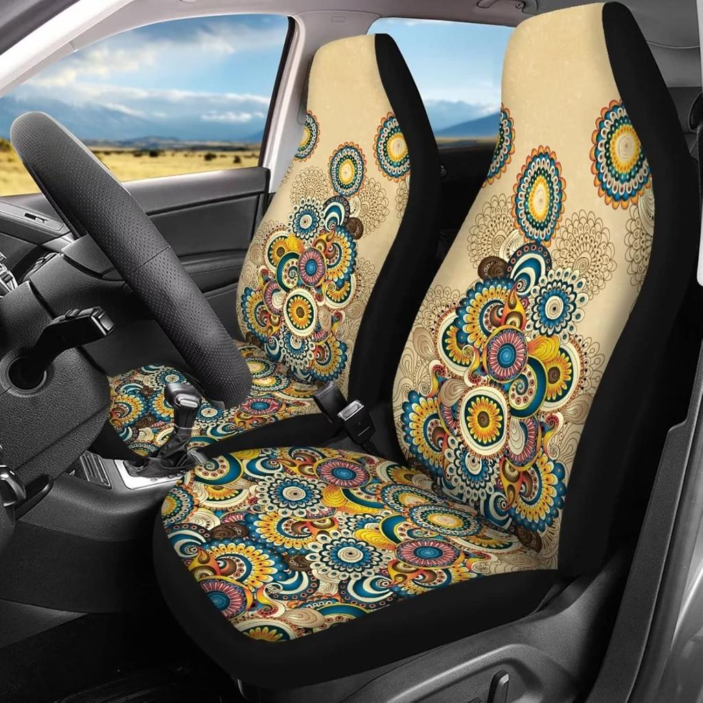 Чехлы на сиденья автомобиля Bulopur Black Boho Цветочные, Только для передних сидений, для женщин и мужчин, с карманом-органайзером, для автомобилей, внедорожников, грузовиков, седанов
