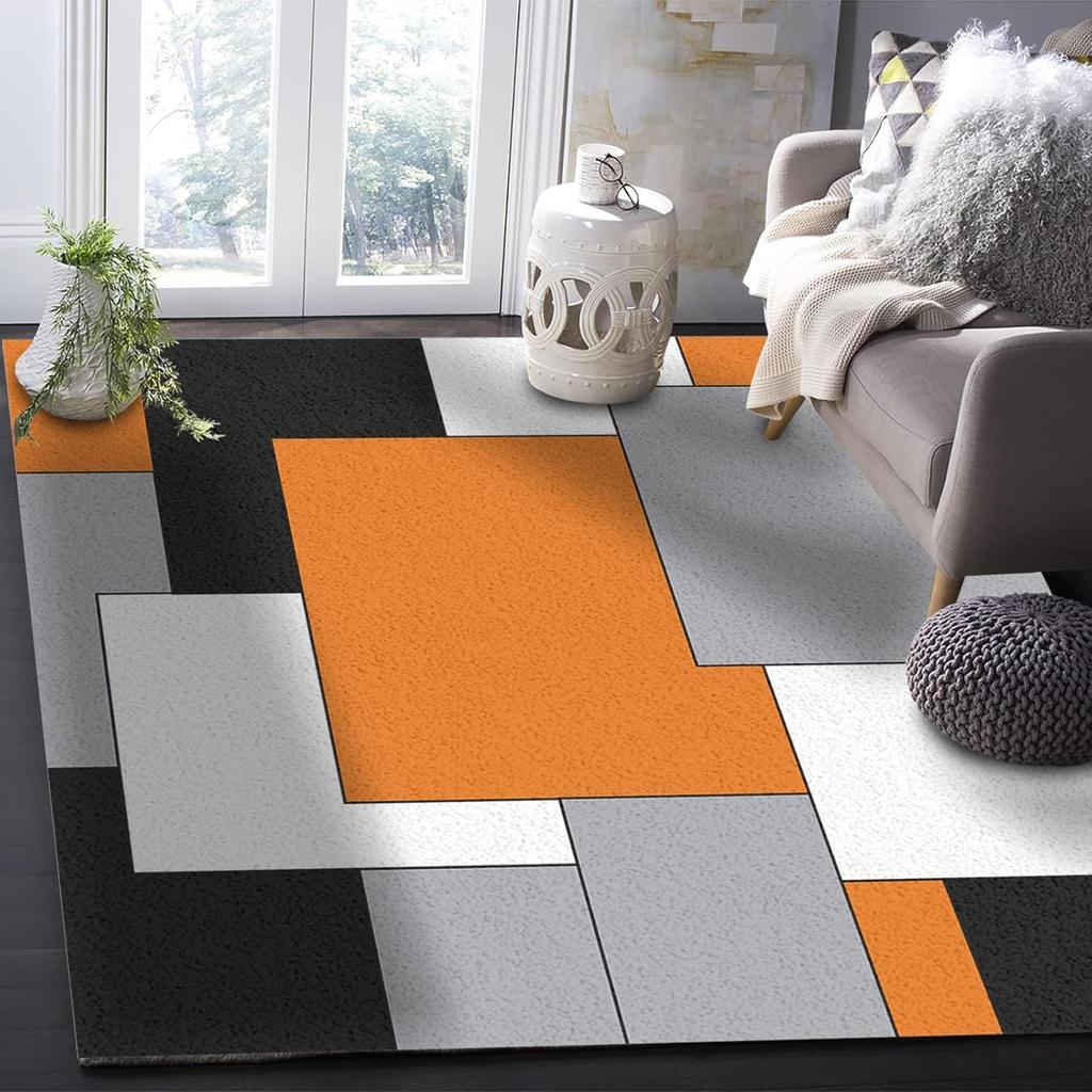 Contemporary Bold Tone Themed Rug, Orange Black & Gray Geometric Non-Slip Floor Mat for Bedroom Living Room Office Decor Carpet