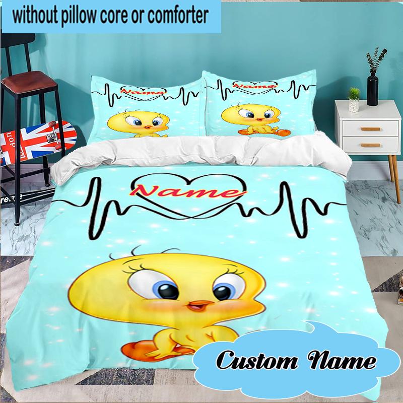 Custom Name Love Heartbeat Tweety Bedding Set 3pcs, Bedding Set Including 1pc Duvet Cover And 2pcs Pillowcases for Bedroom, Dormitory Gift
