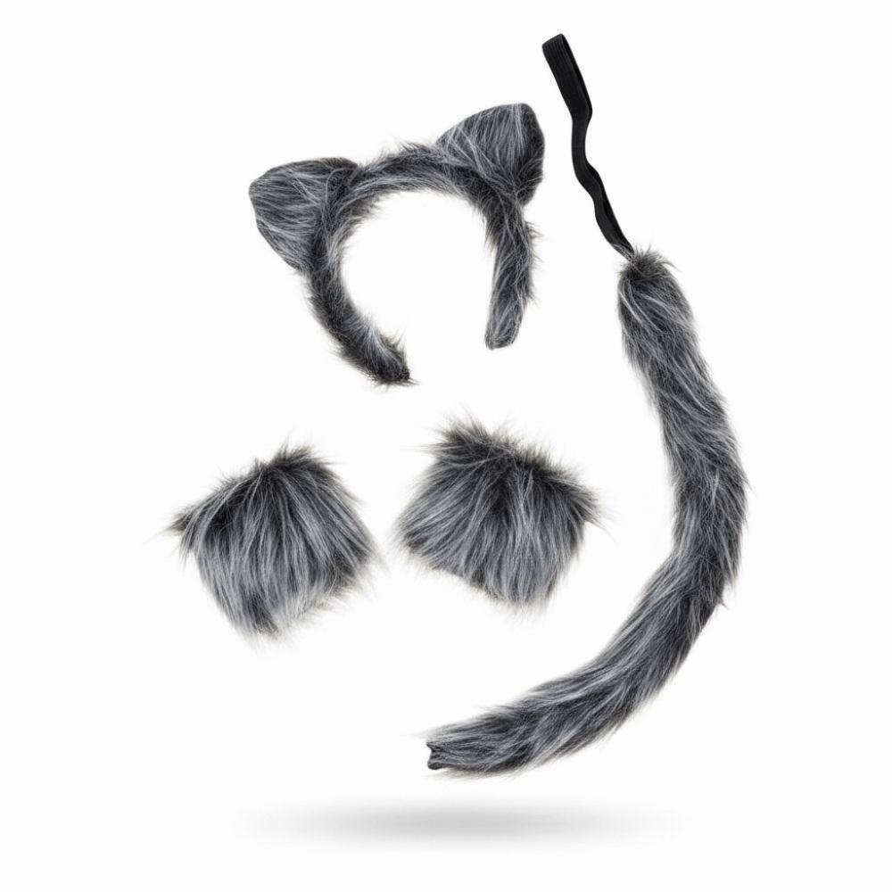 4pcs/set Furry Wolf Ear Headband Faux Fur Plush Sleeve Cover Tail Kit Carnival