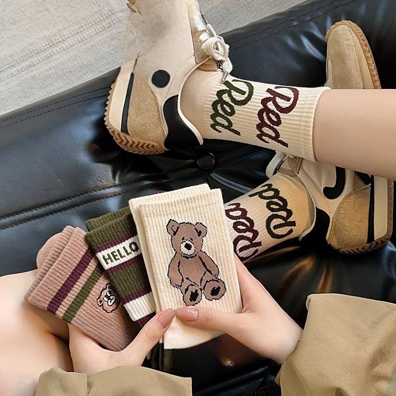 Academic Style Sporty Casual Style Mid-calf Socks Trend Cartoon Bear Mid-length Socks Children's