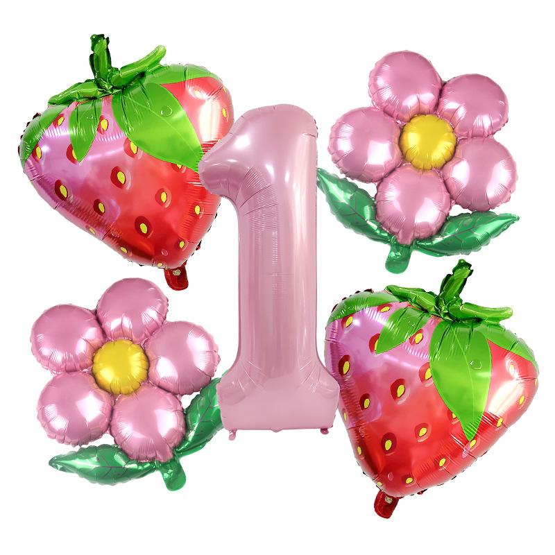 Pink Strawberry Balloon Set, Small Daisy Aluminum Film Decoration, Children'S Birthday Party Anniversary Photo Props