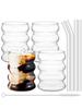 Leeseph 4Pcs Creative Glass Cups Coffee Mug Vintage Drinking Glasses Ribbed Glassware Aesthetic Cups with Straws Set (300ml)