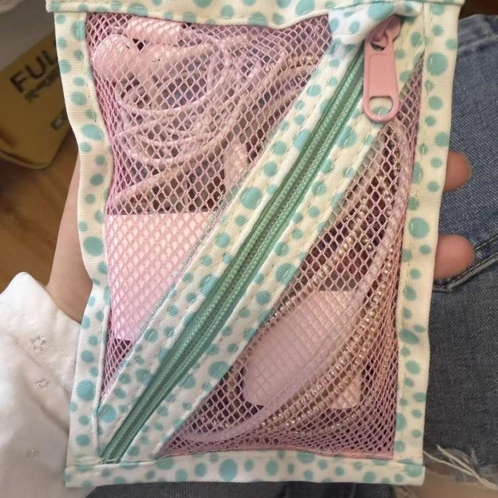 Wide Opening Dot Grid Storage Bag Korean Style Mesh Makeup Bag Charger Organizer Dorm Use