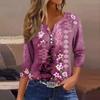 Women's Fashion Casual T-Shirt V-Neck Seven Sleeve Vintage Floral Print Button Top