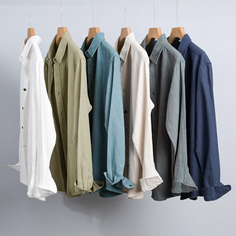 Long Sleeve Cotton Linen Man Shirts Summer Tops Classical Turn-down Collar Green Button Shirt Daily Men's Casual Shirt Beach Breathable Shirt