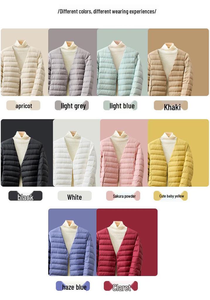 2026 Autumn/Winter Lightweight Collarless Down Jacket - 90% Down, Short Round Neck