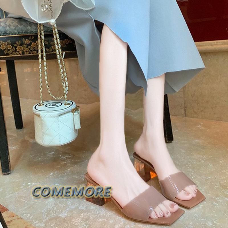 Тапочки женские туфли на среднем каблуке универсальная новая летняя обувь женская мода прозрачные кристаллы толстый каблук крутые сандалии мюли