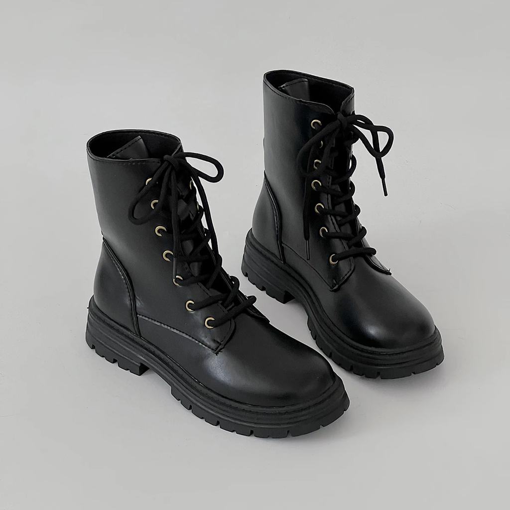 Ботильоны Rimocy из черной искусственной кожи для женщин на низком каблуке со шнуровкой, модные женские нескользящие ботильоны на платформе