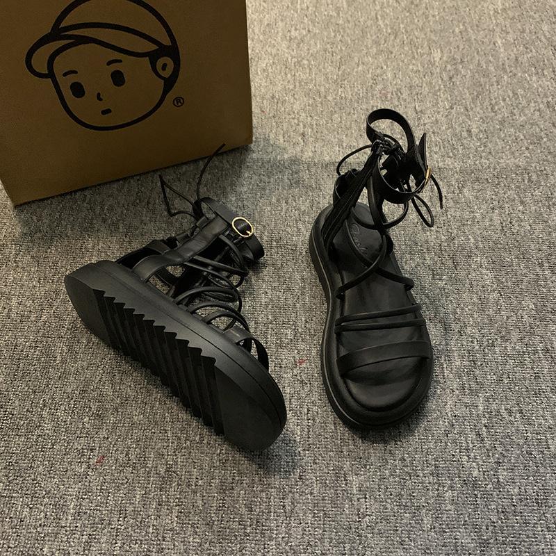 Летние толстые черные высокие римские сандалии для женщин