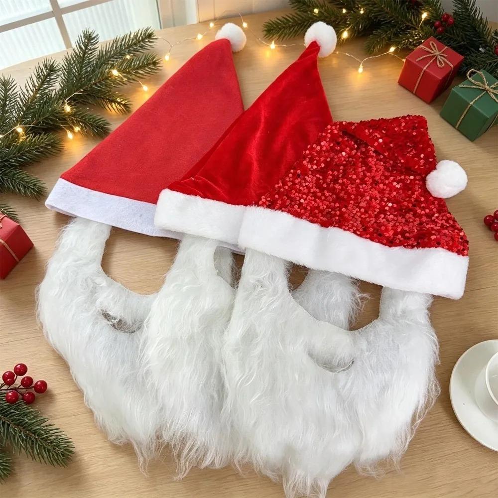 Unisex Santa Hat with Plush Beard Cosplay Christmas Hat Plush Beard Set Funny Xmas Costume Festive Party Decorative Supplies