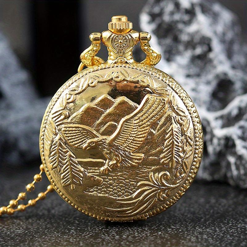 2 шт./набор, 1 шт. модные мужские часы Golden Eagle с резным корпусом, кварцевые карманные часы и 1 шт. винтажный якорь с подвеской на ожерелье, идеально подходит для подарков мужчинам