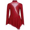 Kid Girls Figure Ice Skating Dress Long Sleeve Irregular Hem Leotard Dress Stage Performance Costume
