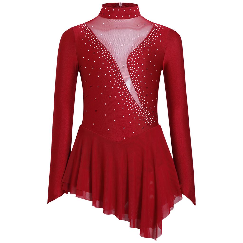 Kid Girls Figure Ice Skating Dress Long Sleeve Irregular Hem Leotard Dress Stage Performance Costume