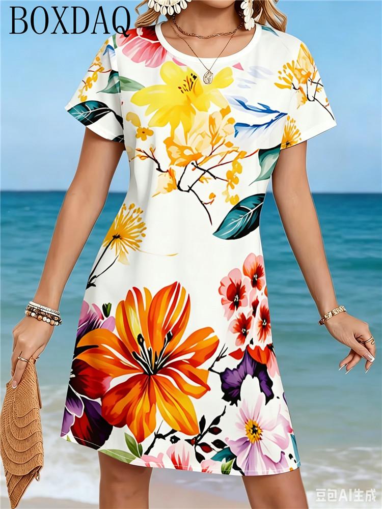 Casual and Fashionable Women's Round Neck Short Sleeved Beach Flower Print Loose A-line Beach Dress for Summer