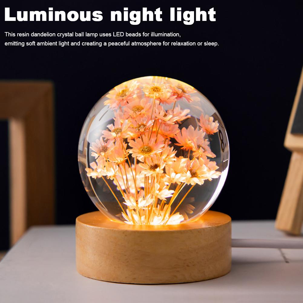 3D Crystal Ball Crystal Flower Night Light Dandelion Crystal Ball Night Lamp Birthday Gift Home Desktop Decoration with Base