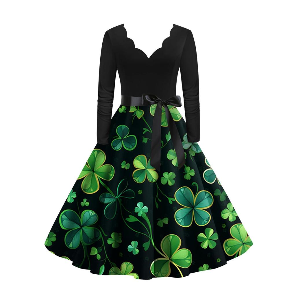Women's Vintage Classic Dress Long Sleeve St. Patrick's Day Print V-neck Swing Dress
