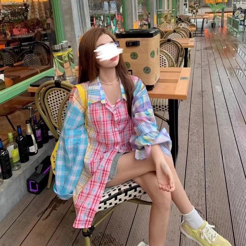Женская клетчатая рубашка с цветными блоками, летняя новинка, свободная повседневная рубашка с солнцезащитой, американский хай-стрит, тонкий топ с длинным рукавом