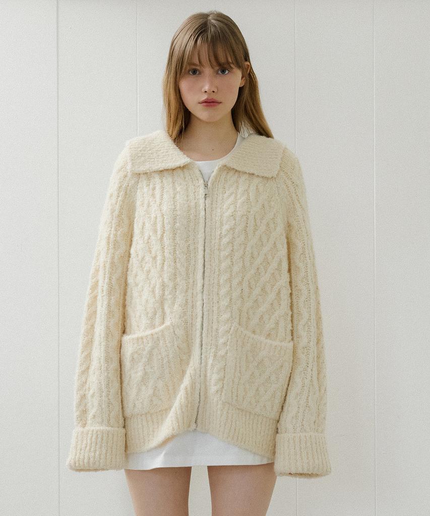LETTERA Alpaca Wool Bookle Knit Zip-Up_2Color