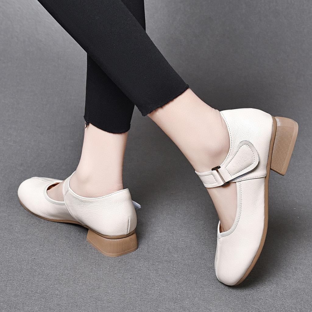 Loafers Women's 2025 Spring New Low-heeled One-word Mary Jane Shoes First-layer Cowhide Korean Version Shallow-mouth Flats