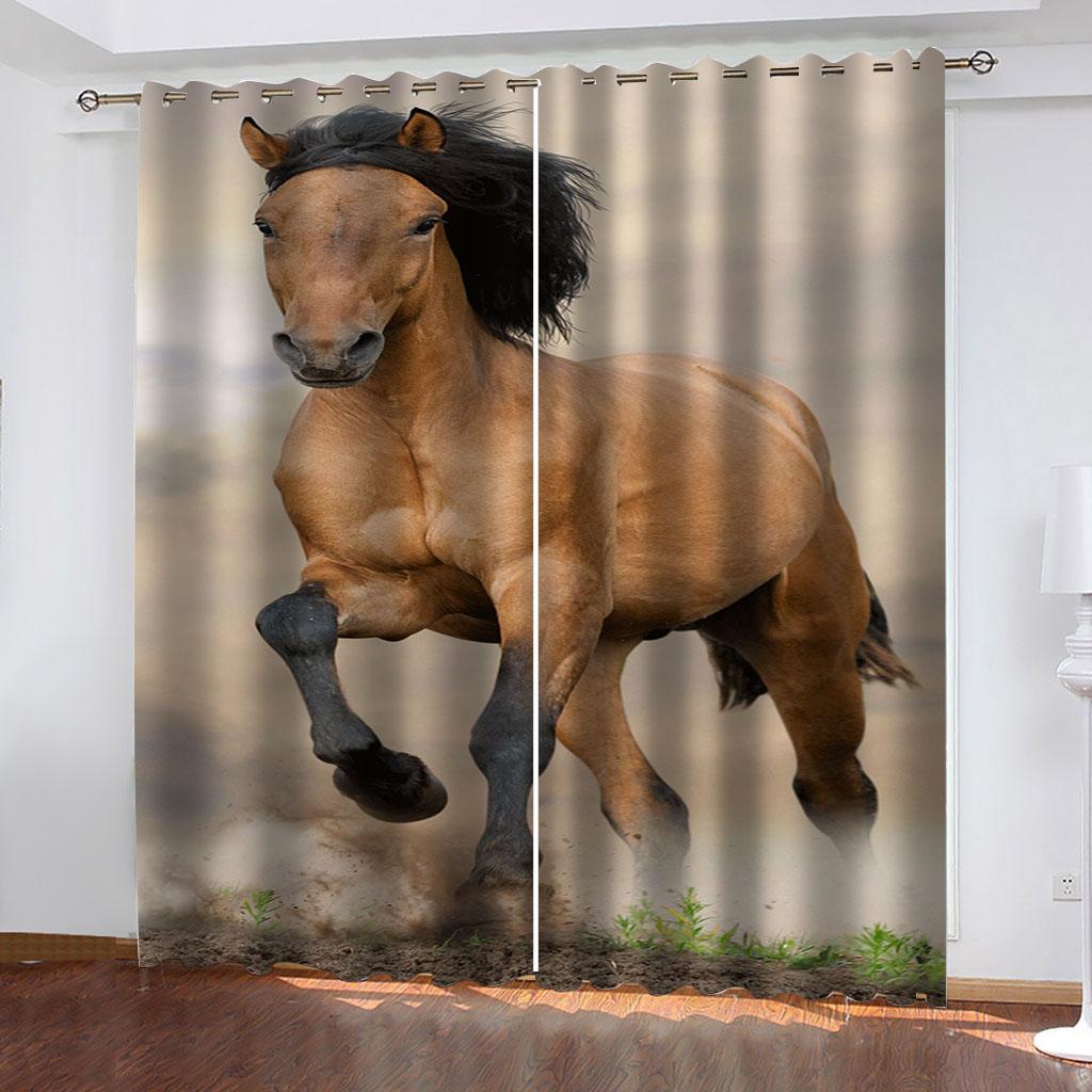 Horse With Wooden Door 3D Digital Printing Bedroom Living Room Window Curtains 2 Panels
