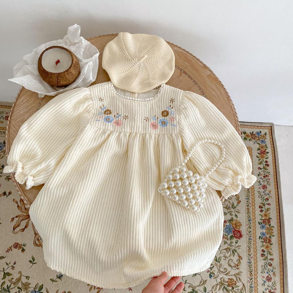 2023 Spring Dress Baby Girls Baby Embroidered Lace Collar Bubble Long Sleeve Pit Strip Lady Long Skirt