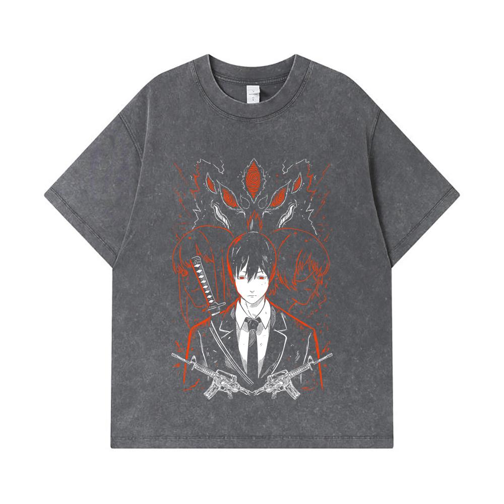 GSM Washed Tshirts  Cotton Chainsaw Man V Aki Print Unisex Heavy Cotton T Shirt