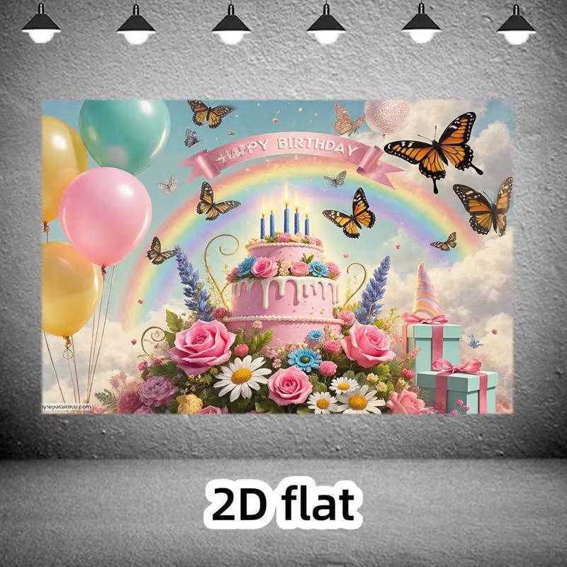 2D Whimsical Rainbow Backdrop, Happy Birthday with Butterflies & Cake Party Background