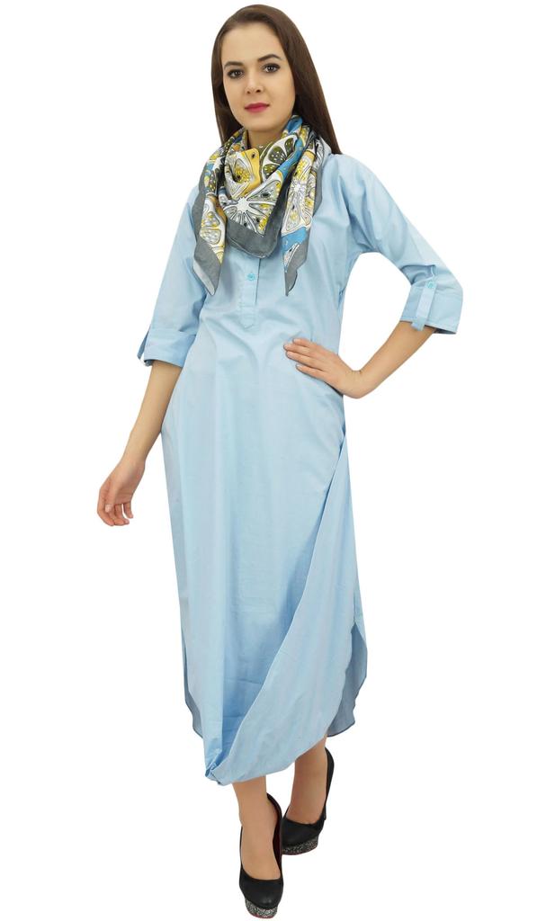 Bimba Women's 3 4 Sleeves Light Blue Casual Cowl Loose Maxi Dress With Scarf -
