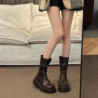 Модные женские сапоги на толстой подошве до середины икры, до колена, весна и осень 2024, новая модная повседневная дизайнерская брендовая модель, рыцарские сапоги