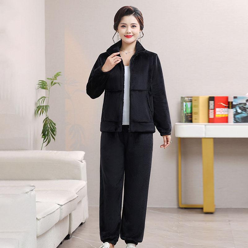 Winter Mother Autumn and Winter Plus Velvet Casual Fashion Suit Thickened New Middle-aged and Elderly Two-piece Outer Wear Women