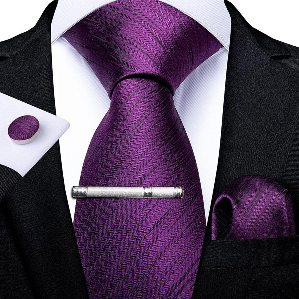 Mens Purple Necktie with Tie Clip Business Paisley Silk Tie Hanky Cufflink Set for Party Dibangu