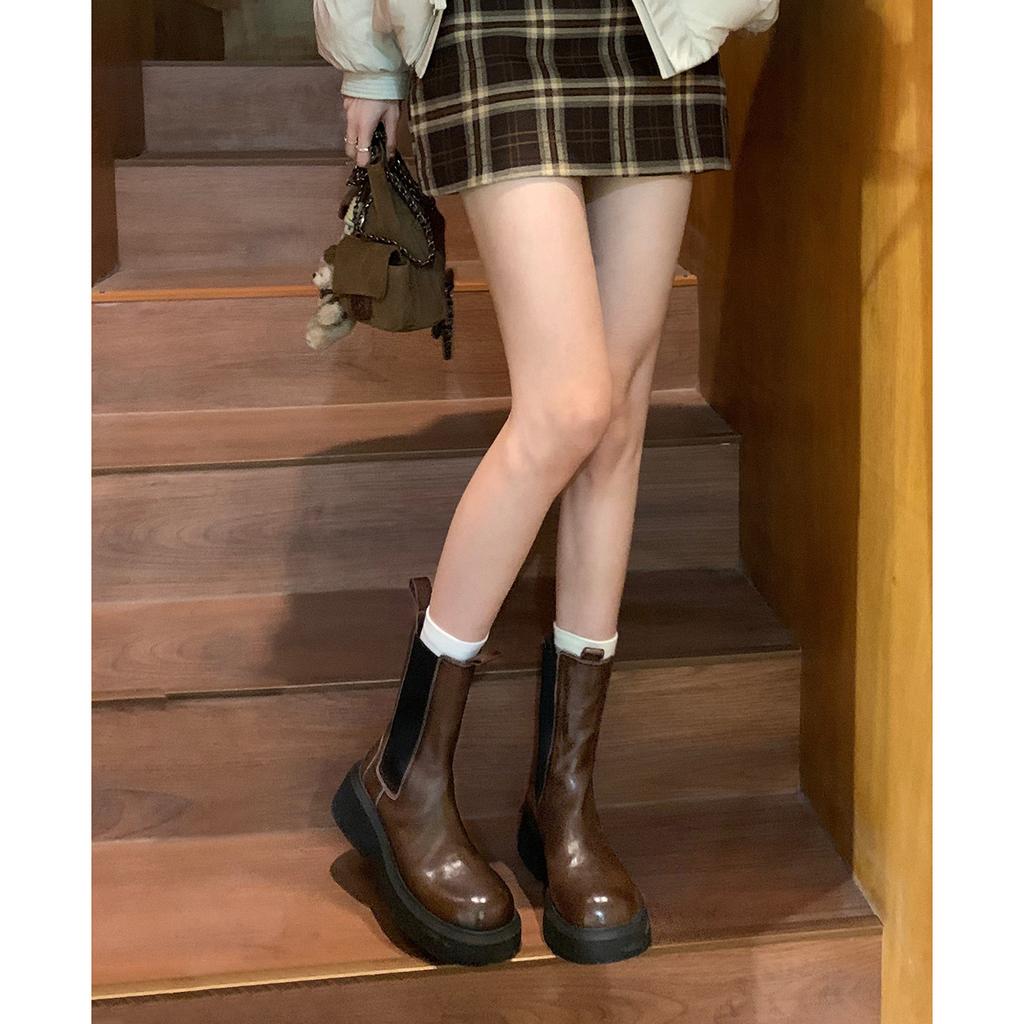 Вымытая коровья кожа ~ Натуральная кожа Толстая подошва Плиссированные полусапожки в стиле ретро Короткие женские ботинки средней длины Ботинки челси Дымчатые ботинки Ботинки Martin