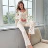 Women's Long Sleeve Pajama Set Ruffle Trim V Neck Crop Top And Wide Leg Pants Sleepwear Set Floral Print 2 Piece Pjs Set