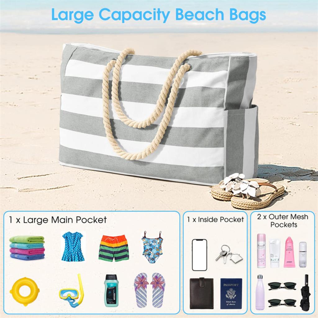 Women's Handbag Large Capacity Stripes Tote Pouch for Women Foldable Beach Bag Waterproof and Sand Resistant Travel Bag