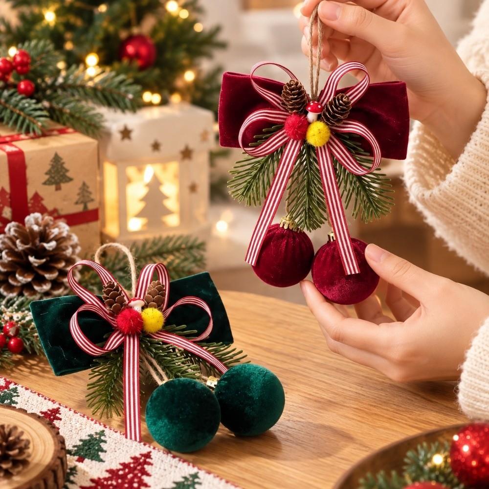 Striped Ribbon Christmas Bowknot Pendant Pine Sprig Xmas Tree Hanging Pendant Holiday Decoration