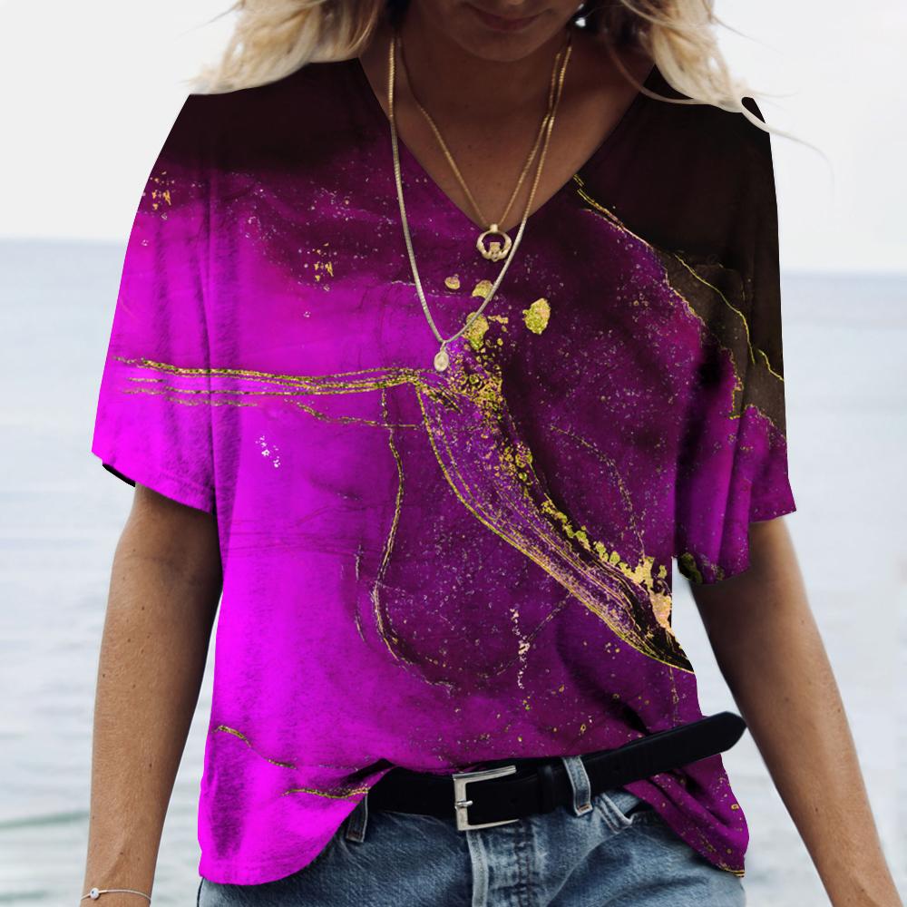 Женская футболка с 3D принтом и градиентом, одежда для девочек, блузка большого размера с v-образным вырезом, летний пуловер в стиле Харадзюку с короткими рукавами, женские повседневные топы