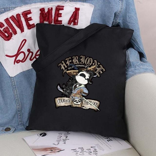 Women Bag Shopper Large Capacity Eco Canvas Cotton Shopper Foldable Fashion Black Cartoon Pictures Handbag Canvas Tote Bag
