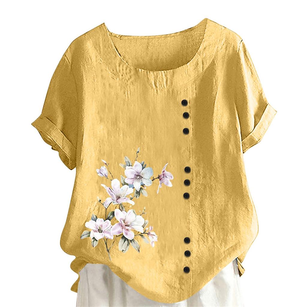 Women's Cotton Linen Round Neck Short Sleeve With Button Tops Printed T-shirt