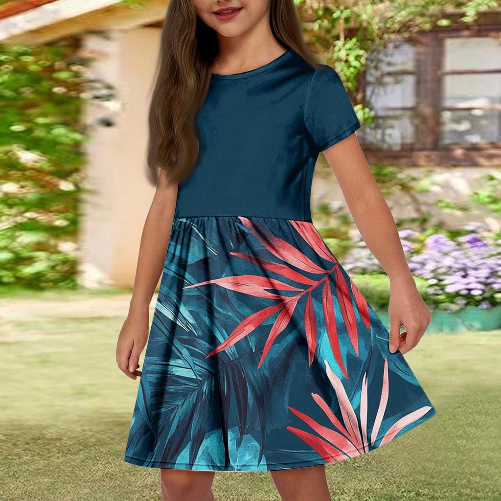 Летнее платье для девочек, однотонное платье без рукавов с принтом и карманом, повседневное платье, вечернее платье с короткими рукавами