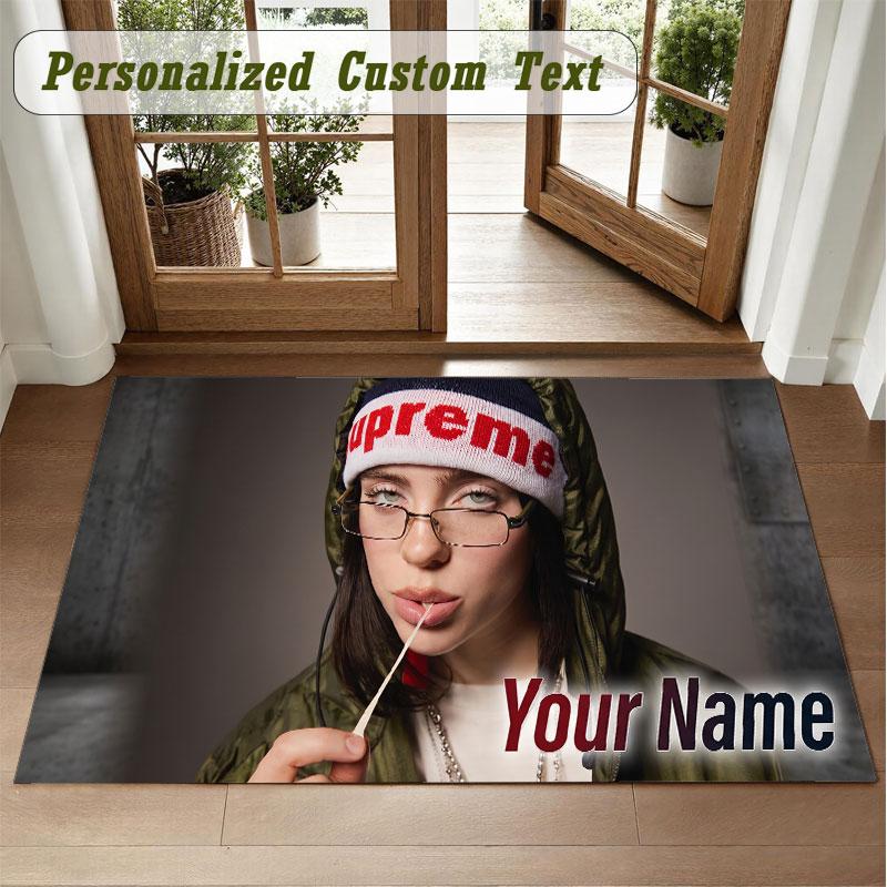 Crystal Velvet Square Rug Custom NameBillie Eilish Pattern Non Slip Home Floor Decor Rug