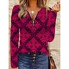 Retro Pattern Printed Zippered V-neck Long-sleeved Top