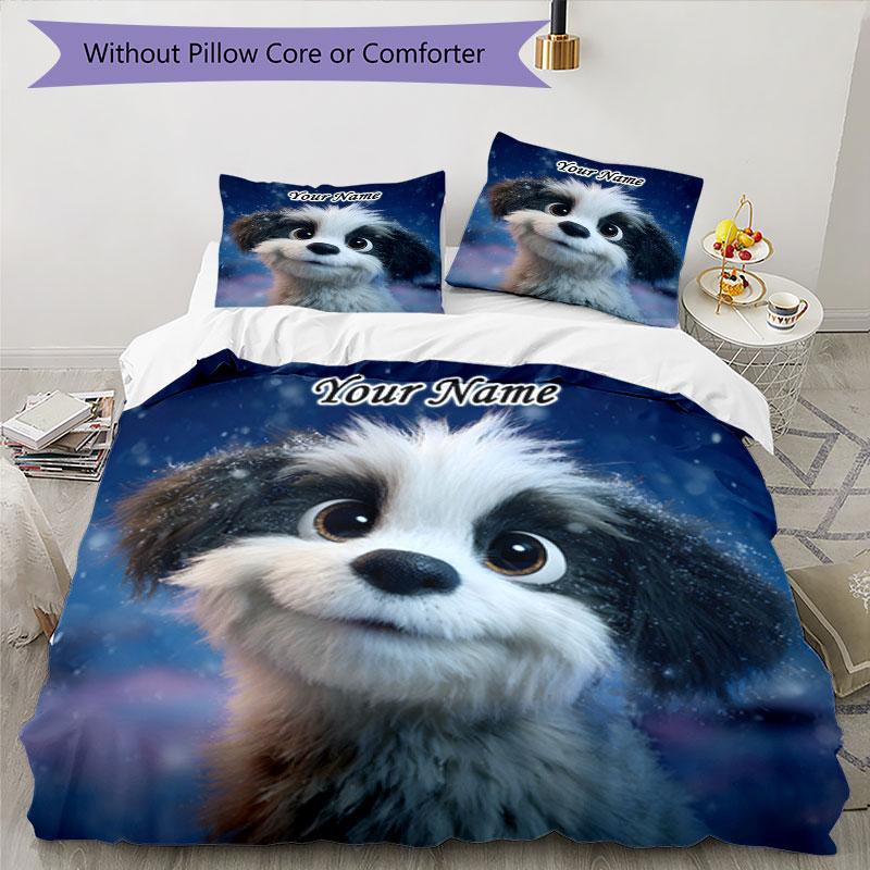 3PC Custom Name Winter Dog Dreams Bedding Set Duvet Cover Closure Includes 1 Duvet Cover & 2 Pillowcases for Bedroom