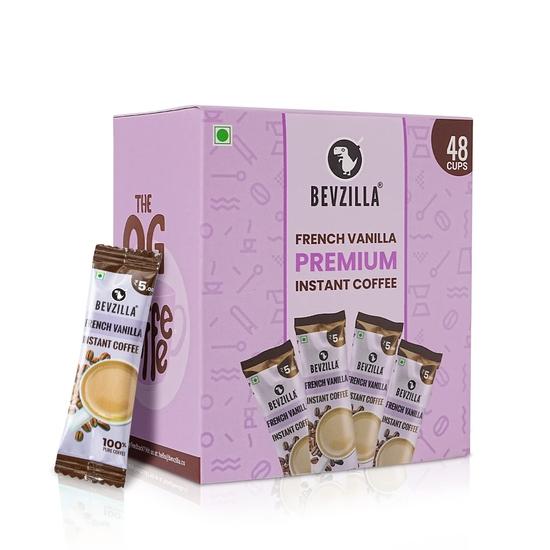 Bevzilla 48 пакетиков растворимого кофе (Французская ваниль) - 96 грамм|На 48 чашек|Крепкий кофе арабика|Лучший для эспрессо, латте, капучино