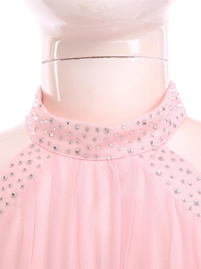 Girls Elegant Party Gown Halter Off Shoulder Long Sleeve High Waist Ruffled Irregular Hem Fake Diamond Design Dress