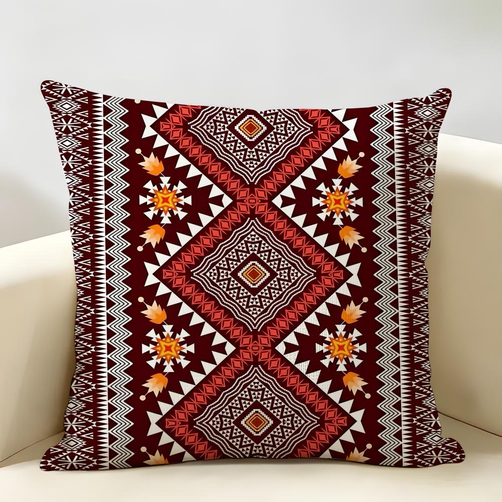 Red Bohemian Style Cushion Cover Natural Linen Organic Fabric Double-Sided Printing Breathable Perfect For Home Decor