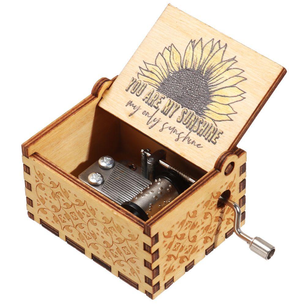 Wooden Suitable Gifts You are My Sunshine Music Box Hand-Cranked Black Engraved Musical Boxes